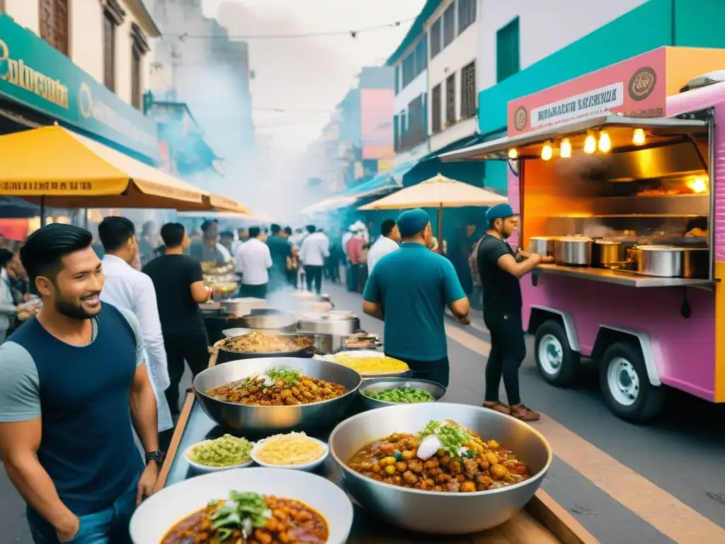 Food trucks tecnológicos en Perú ofrecen innovadora gastronomía callejera con ceviche y lomo saltado mientras clientes interactúan con menús digitales