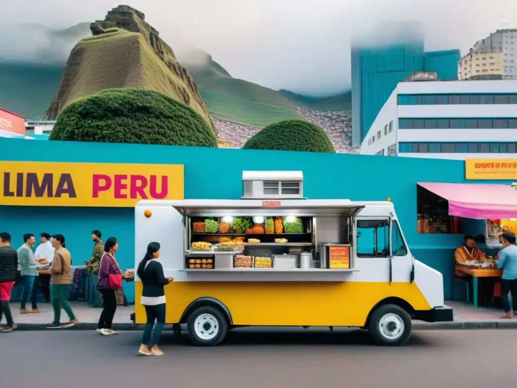 Food trucks tecnológicos en Perú: Vibrante escena de food trucks avanzados y clientes diversos en un parque de Lima, con la ciudad de fondo