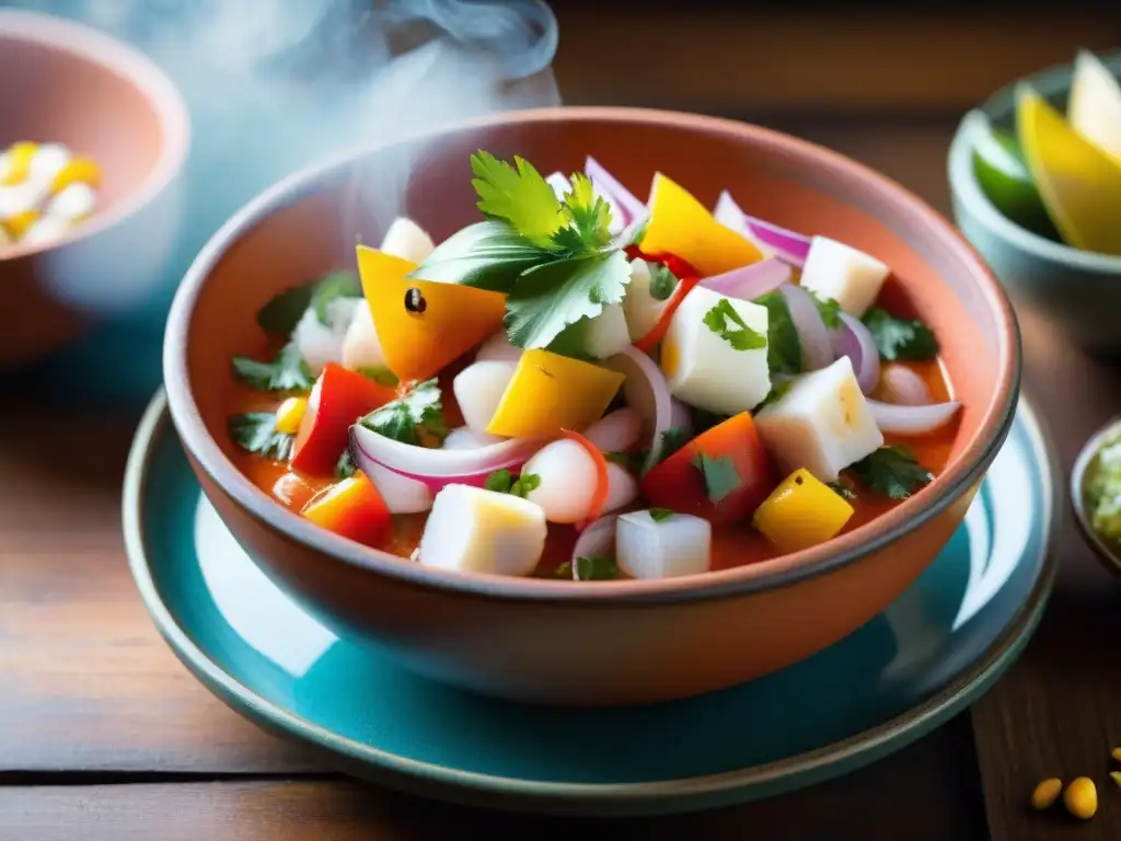 Una foto detallada de un bowl rojo de ceviche peruano con rocoto, cilantro y maíz, en una mesa de madera