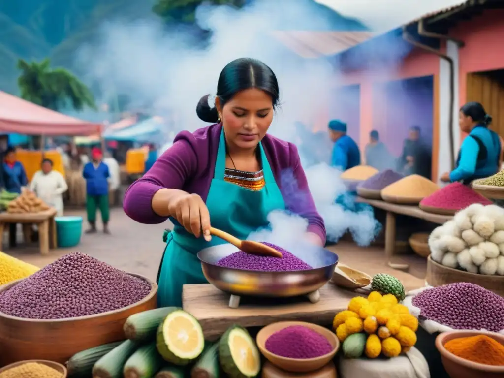 Una foto detallada de un bullicioso mercado peruano con maíz morado, piñas y especias