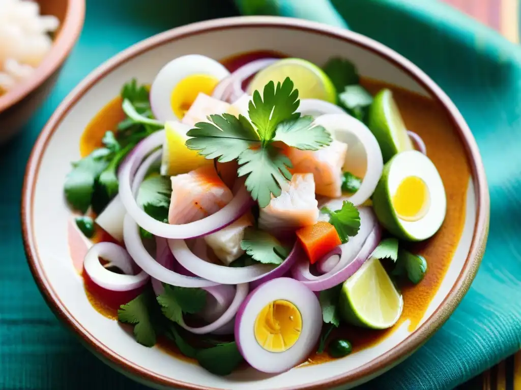 Una foto detallada de un ceviche peruano tradicional en un plato de barro, resaltando colores vibrantes y texturas