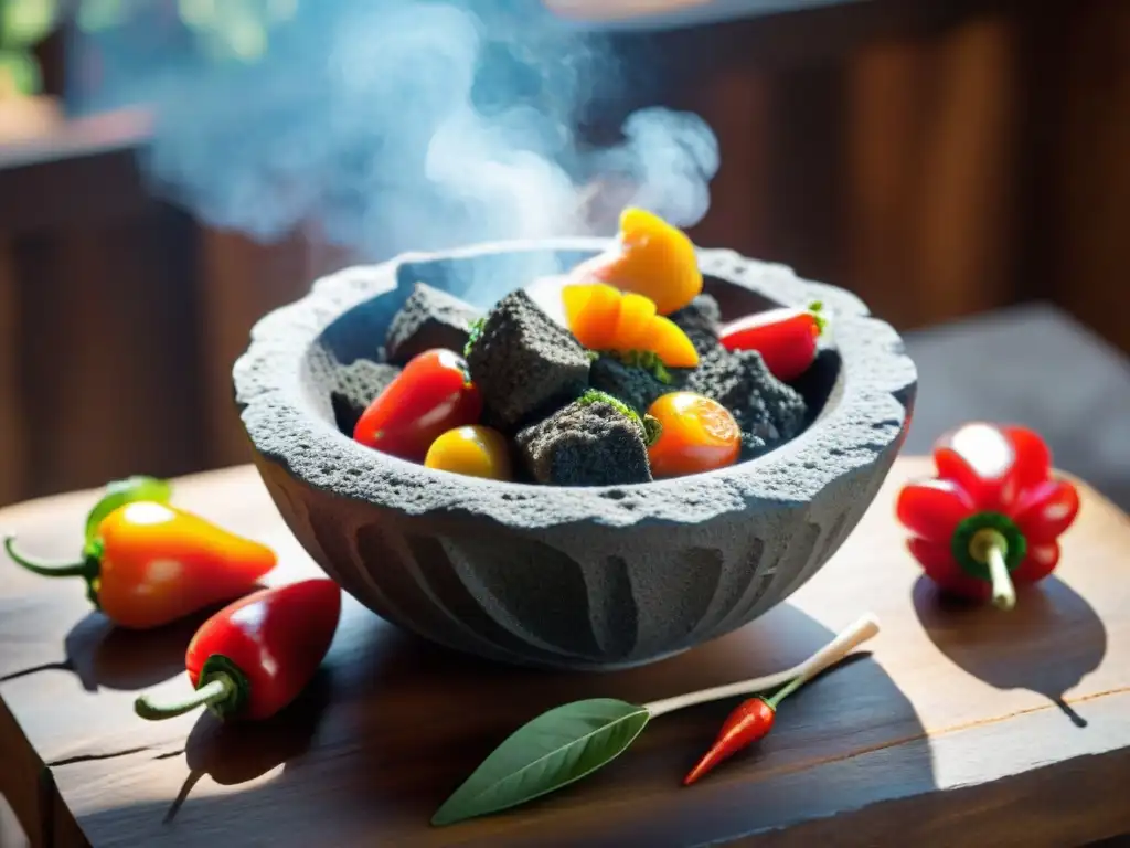 Una foto detallada de un molcajete peruano tradicional sobre una mesa rústica, lleno de ingredientes vibrantes