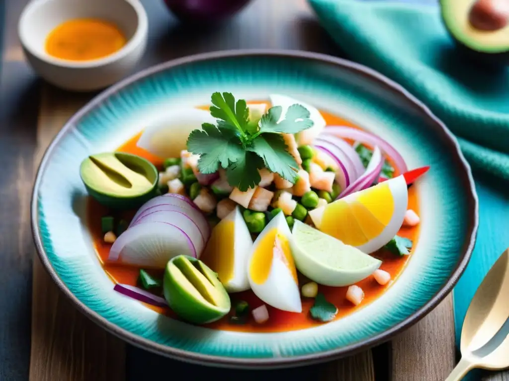 Una fotografía que muestra un exquisito ceviche peruano en un plato de cerámica vibrante sobre una mesa de madera, iluminado por luz natural