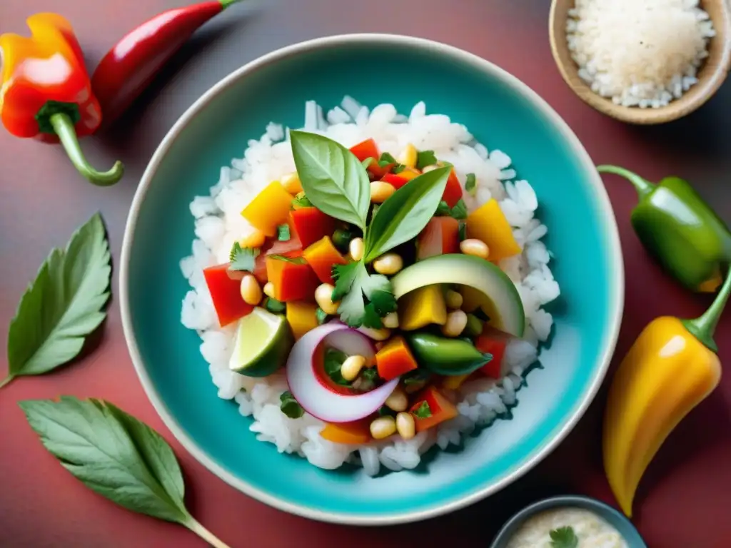 Una representación fotográfica detallada de un vibrante ceviche peruano en un plato de cerámica tradicional, con ingredientes frescos y coloridos