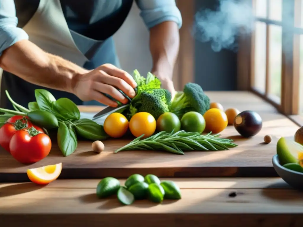 Un fotógrafo gastronómico crea composiciones equilibradas con ingredientes frescos en una mesa de madera rústica