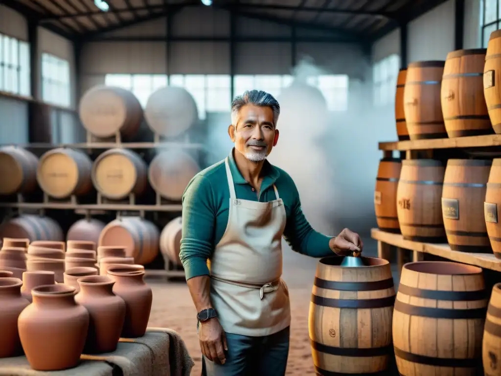 Un fotógrafo peruano experimentado ajusta su cámara en una destilería, rodeado de barriles de pisco y ollas de barro