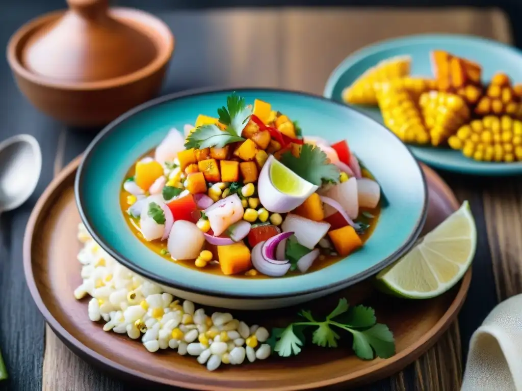 Fotografía de ceviche fresco peruano con colores vibrantes y texturas que capturan la esencia de la cocina costeña