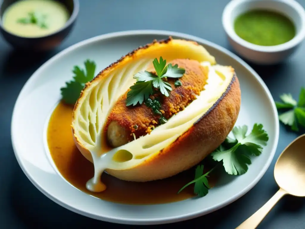 Una Papa Rellena recién frita, con su crujiente textura dorada y relleno jugoso