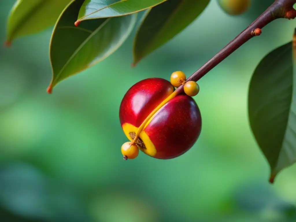 Una fruta de Camu Camu madura en la exuberante selva amazónica