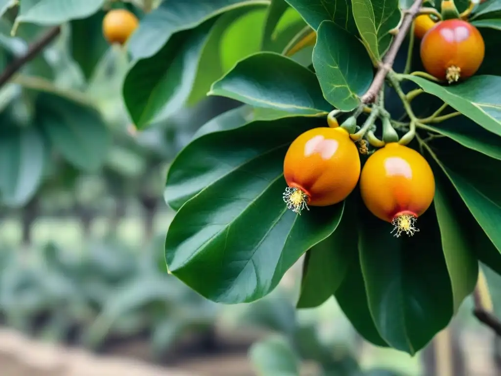 Plantación de granadillas en Perú, frutas maduras bajo el sol tropical