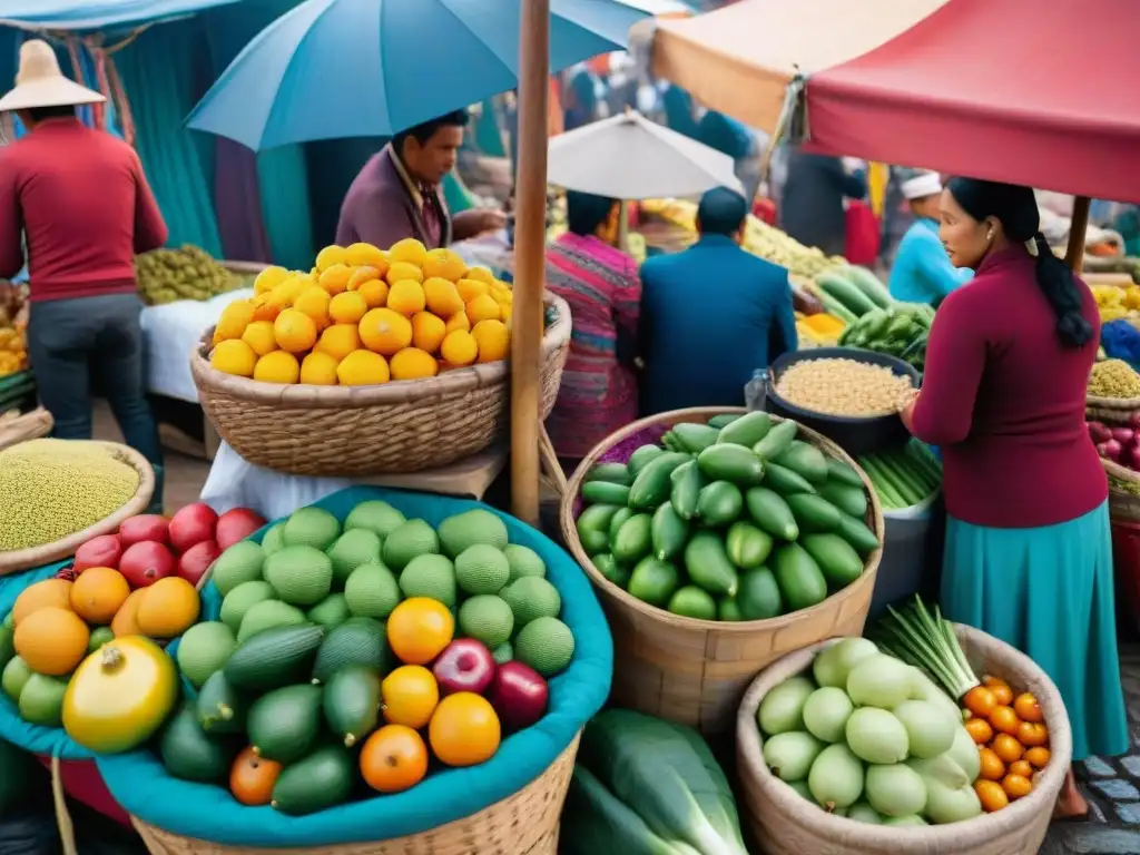 Puesto de frutas y verduras en un mercado peruano, con vendedores locales y coloridas textiles, representando la gastronomía peruana moderna evolución adaptación