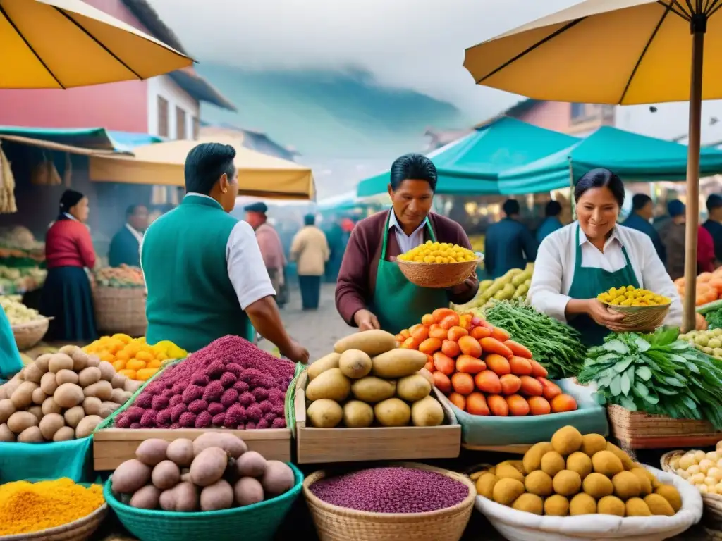 Descubre los fundamentos de la cocina peruana para principiantes en un bullicioso mercado limeño, repleto de ingredientes frescos y vibrantes