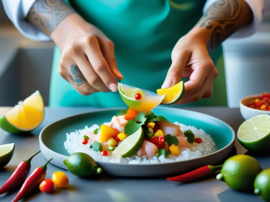 Una fusión de ingredientes peruanos y alta cocina: ceviche preparado con precisión en un entorno moderno