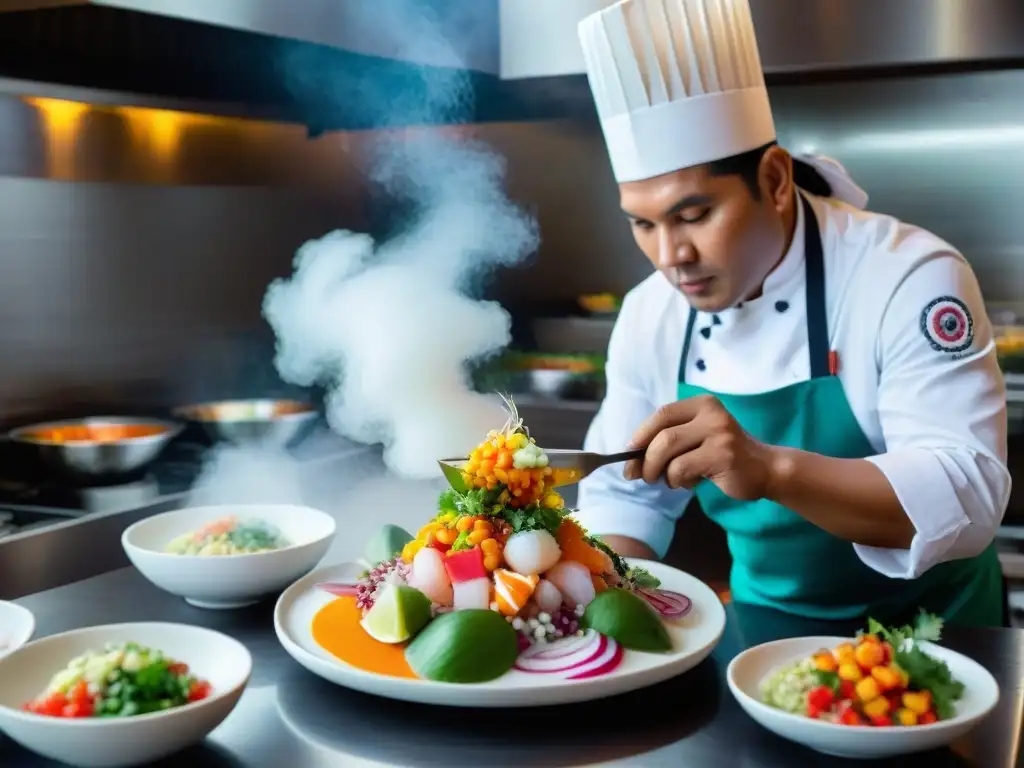 Una fusión de sabores y técnicas culinarias en un ceviche peruano preparado con precisión en una cocina moderna