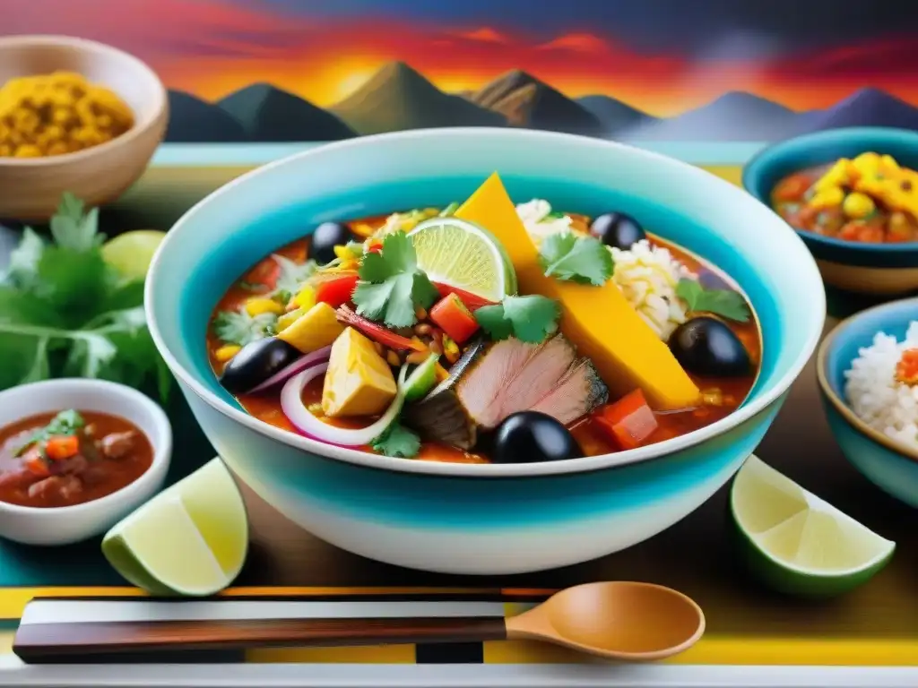 Exposición de arte peruano: Detalles vibrantes de platos tradicionales Una galería de arte contemporáneo exhibe pinturas vibrantes e intrincadas de platos peruanos como ceviche, lomo saltado y causa