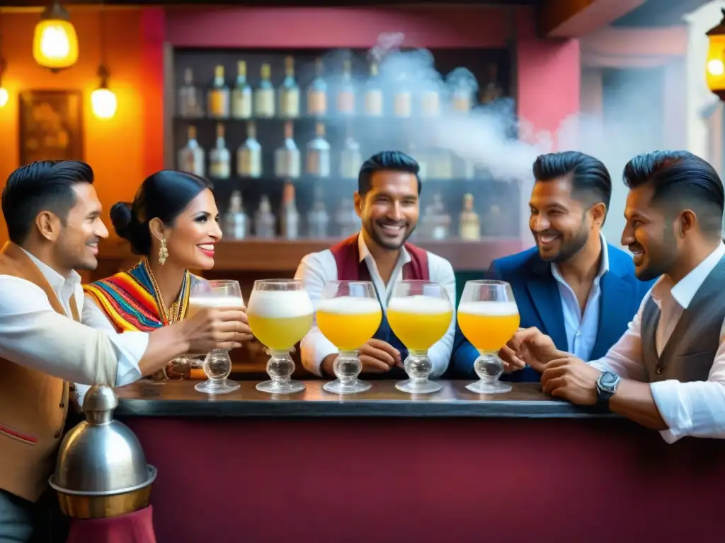 Explorando la gastronomía peruana en Lima: Un bar tradicional lleno de color, con locales y turistas disfrutando de chicha y Pisco Sour