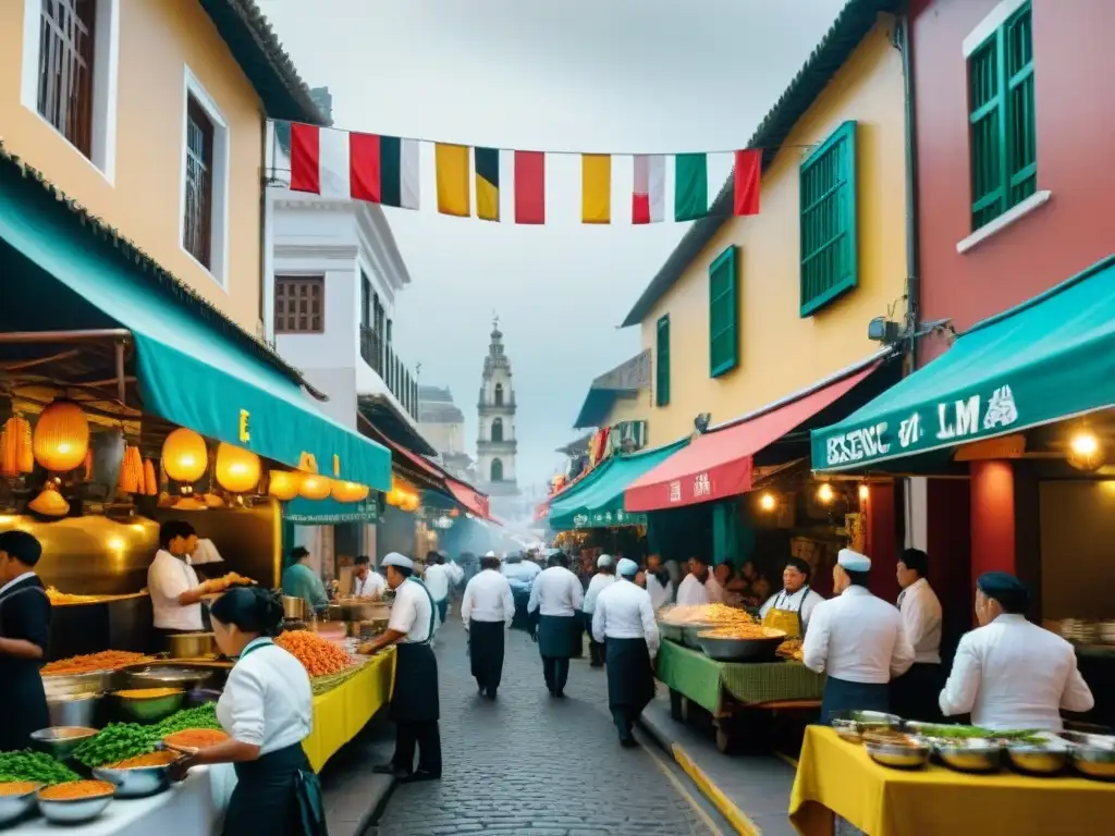 Explorando la gastronomía peruana en Lima: Chefs preparando ceviche en bulliciosa calle del centro histórico