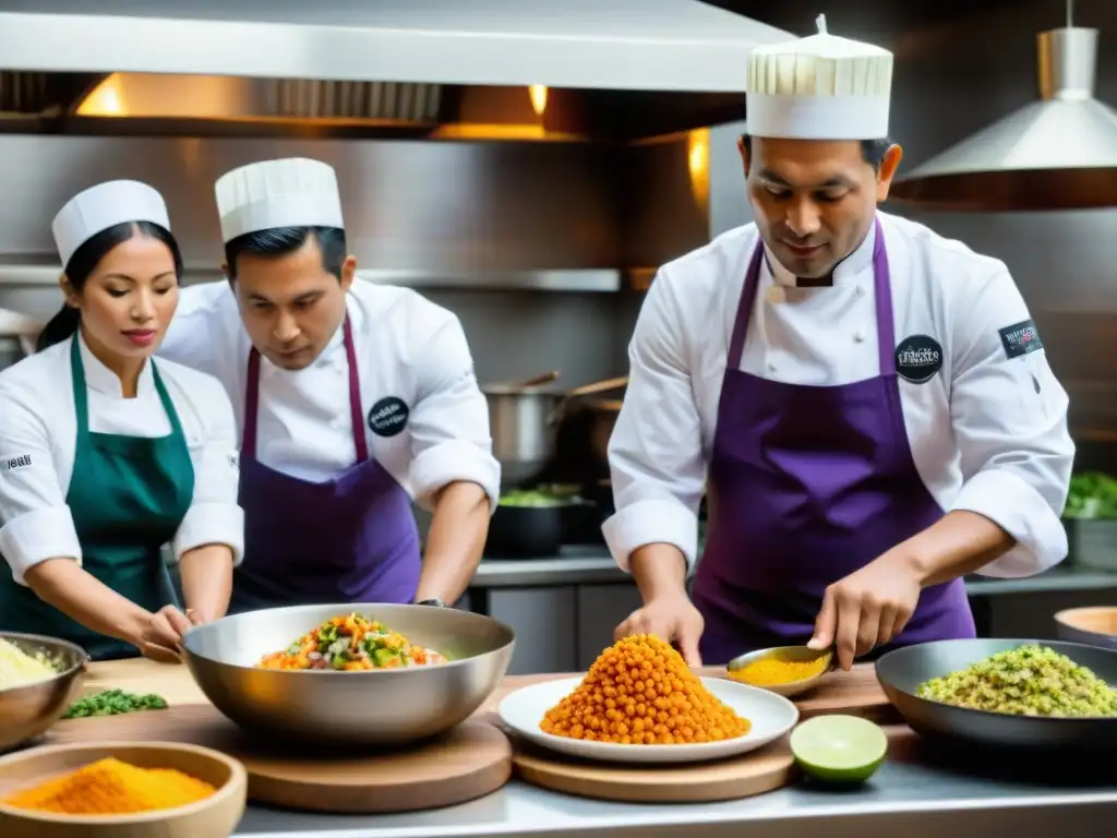 Innovación en la gastronomía peruana: Chefs peruanos innovadores preparando platos tradicionales con un toque moderno en una cocina bulliciosa