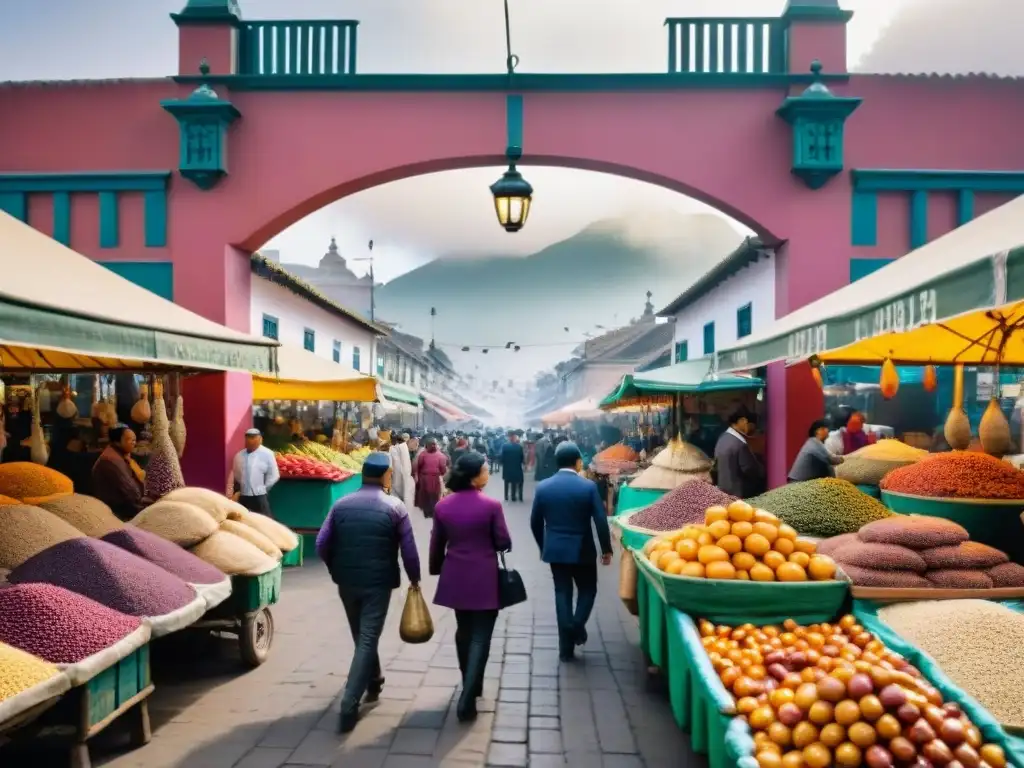 Explorando gastronomía peruana en Lima: Mercado bullicioso con ingredientes tradicionales y vendedores locales en trajes andinos