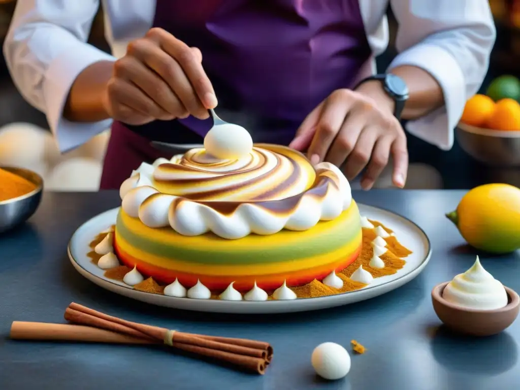 Explorando gastronomía peruana en Lima: Chef preparando suspiro a la limeña en mercado local