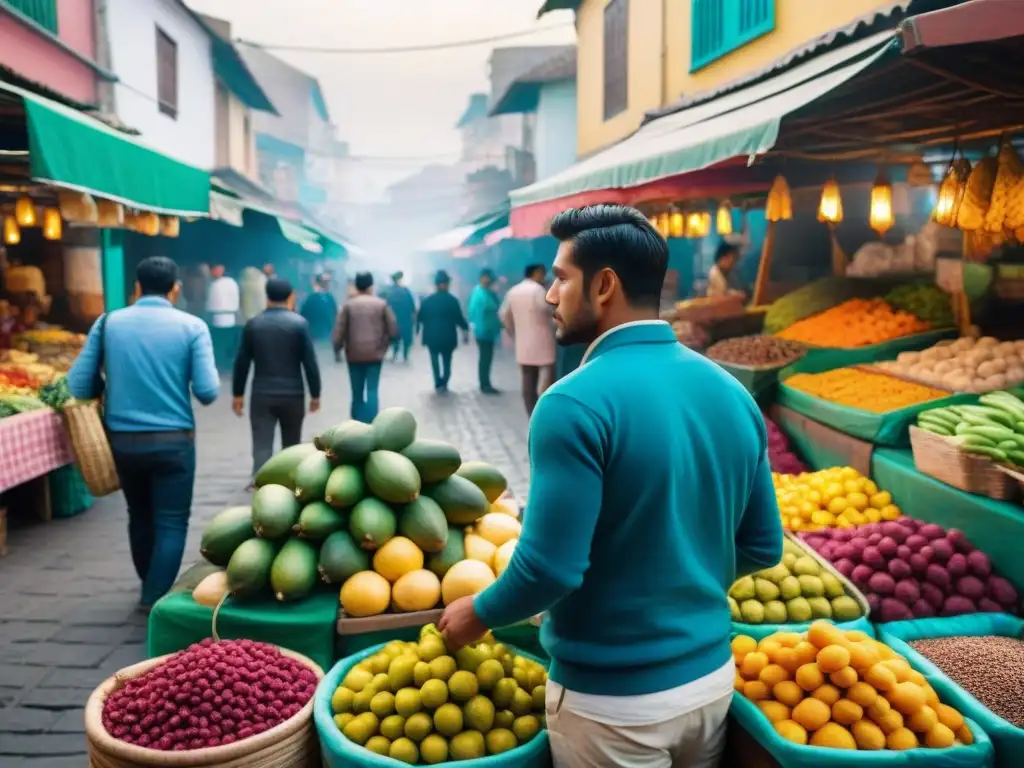 Explorando la gastronomía peruana en el vibrante mercado de Lima, con frutas exóticas y platos tradicionales