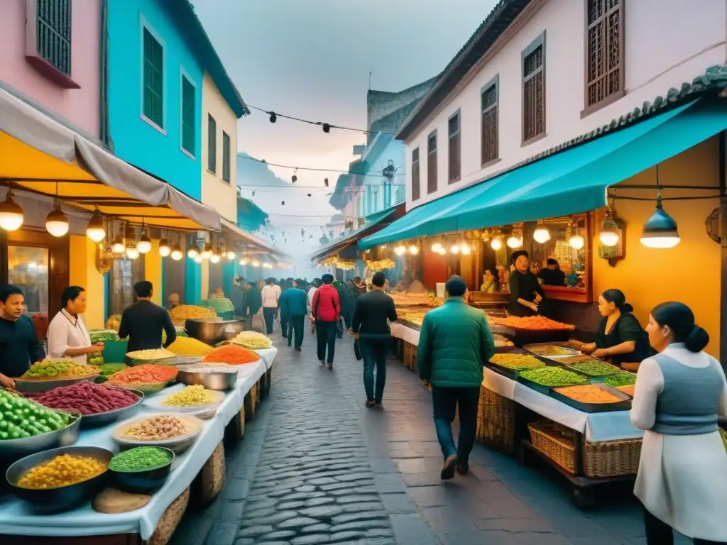 Explorando la gastronomía peruana en Lima: escena vibrante de puestos de comida tradicional y turistas disfrutando de sabores únicos