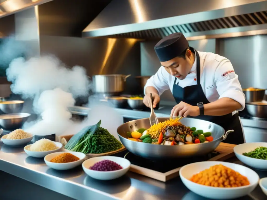 Fusión gastronómica asiático-peruana con chefs preparando un plato Chifa, rodeados de ingredientes tradicionales