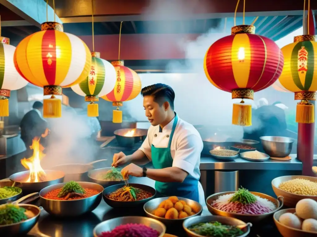 Fusión gastronómica asiático-peruana con chefs preparando platos en un animado restaurante Chifa en Lima, Perú