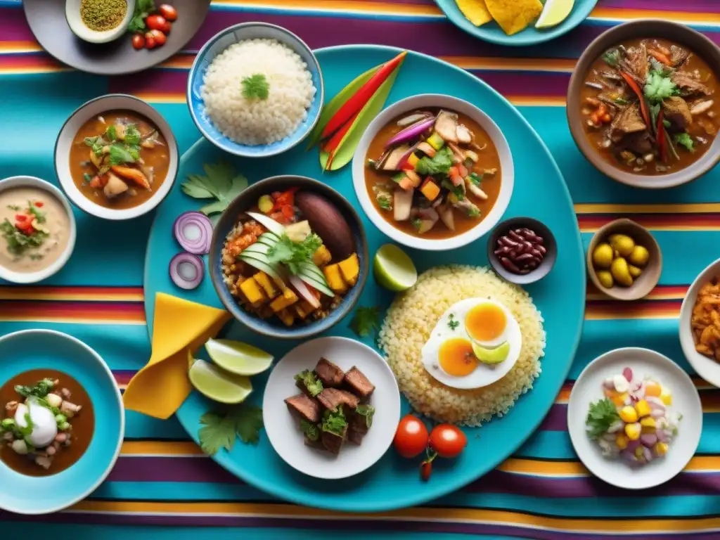 Fotografía gastronómica de banquetes peruanos con una composición vibrante de platos tradicionales en detalle