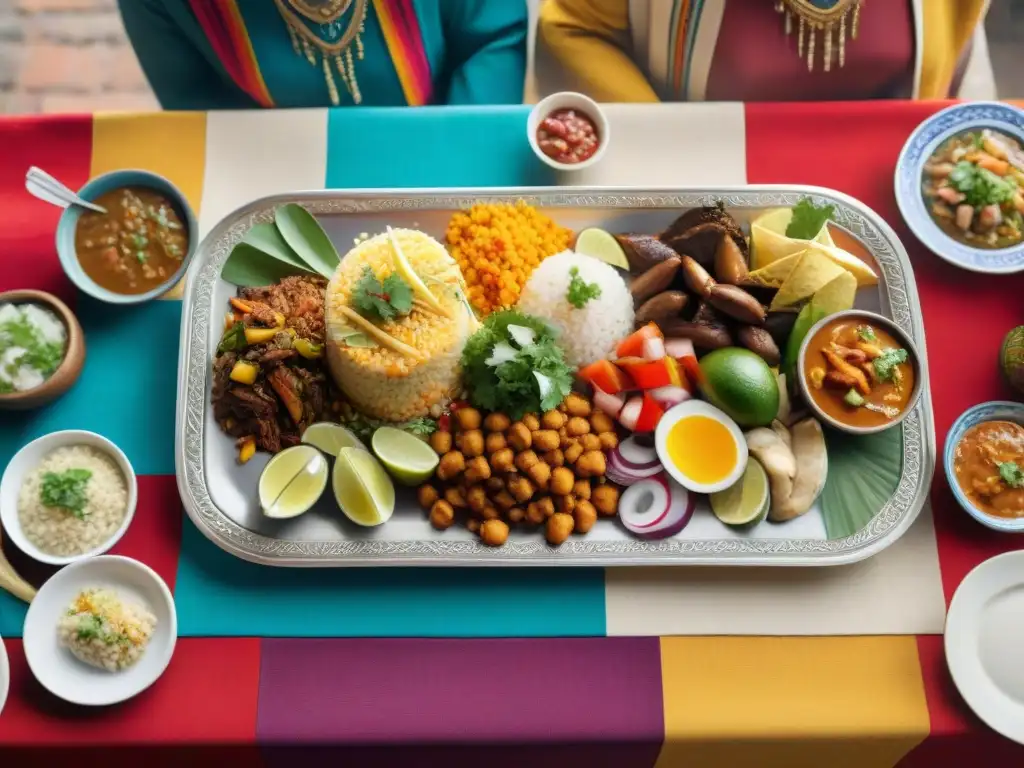 Fotografía gastronómica de banquetes peruanos: mesa vibrante con ceviche, lomo saltado, causa y arroz con pollo, ambientada en festividad cultural