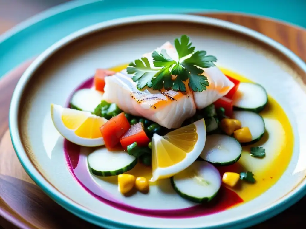 Fotografía gastronómica de ceviche peruano con ingredientes autóctonos en plato de cerámica vibrante