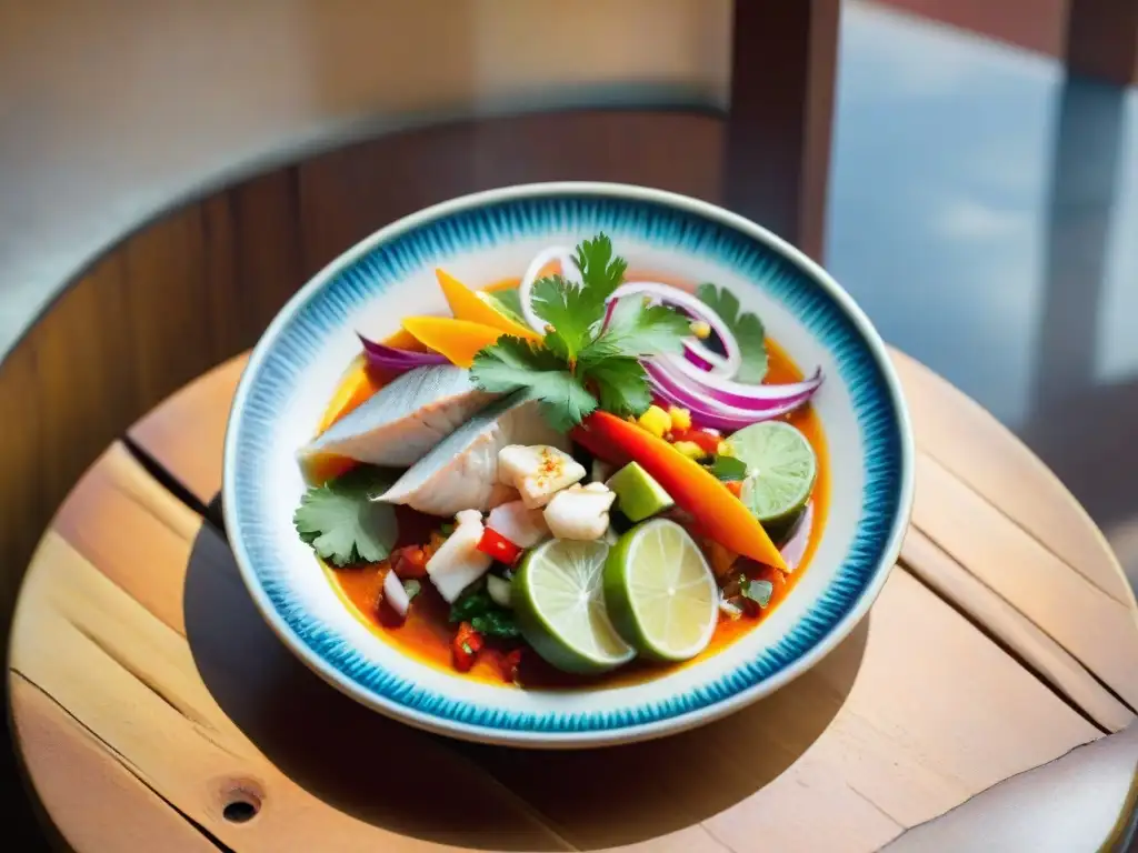 Una fotografía gastronómica de ceviche peruano, resaltando los ingredientes autóctonos en un plato artesanal con juegos de luz y sombra