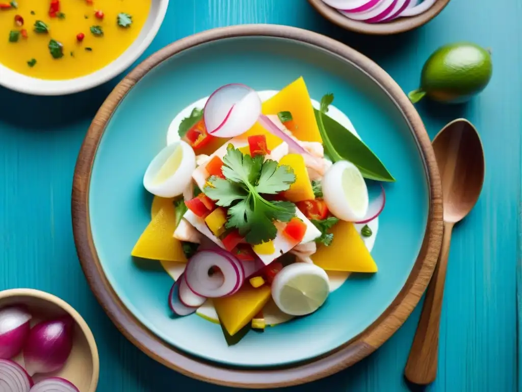 Fotografía gastronómica de ceviche peruano en plato cerámico con patrón Inca, sobre mesa de madera rústica