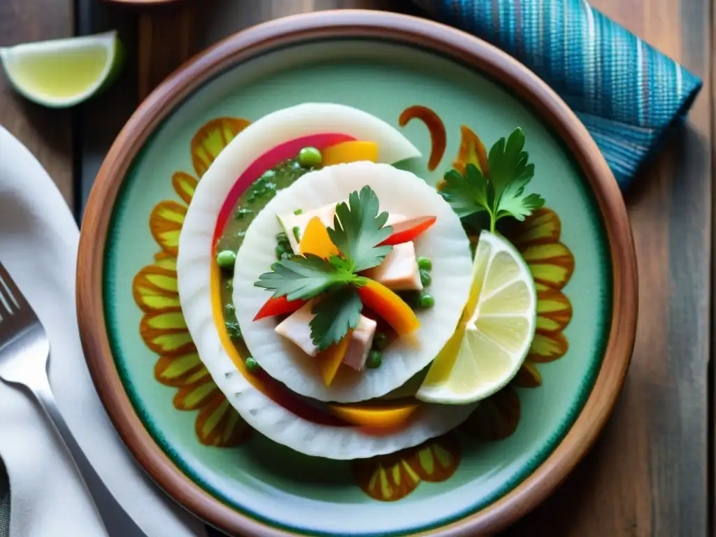 Una fotografía gastronómica de un ceviche peruano en un plato de cerámica, adornado con lima, cilantro y rocoto en una mesa de madera rústica