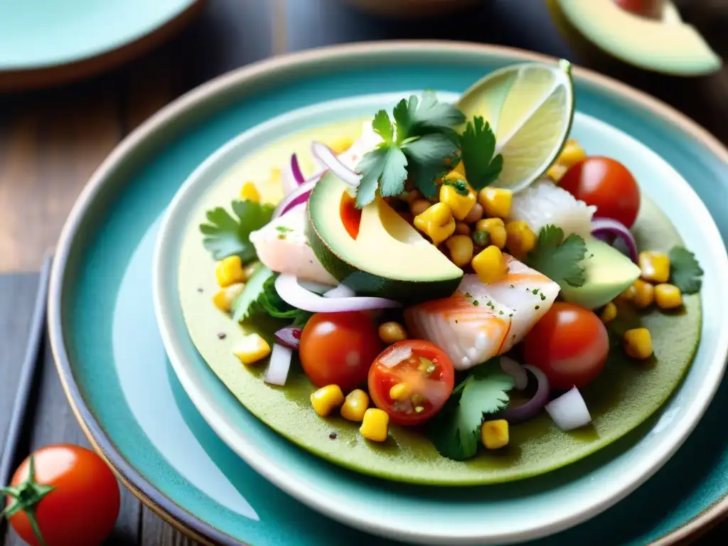 Fotografía gastronómica de un ceviche peruano exquisitamente presentado en una vajilla rústica con diseño tradicional