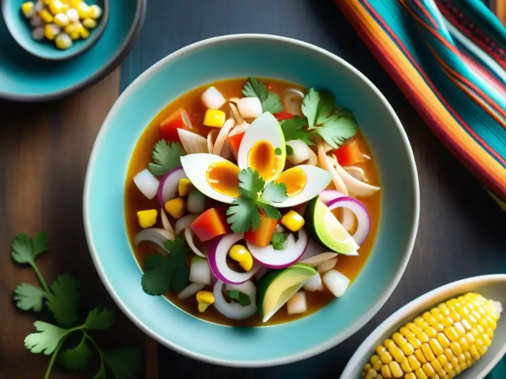 Fotografía gastronómica de ceviche de pescado peruano con aguacate y maíz crujiente en un tazón decorado