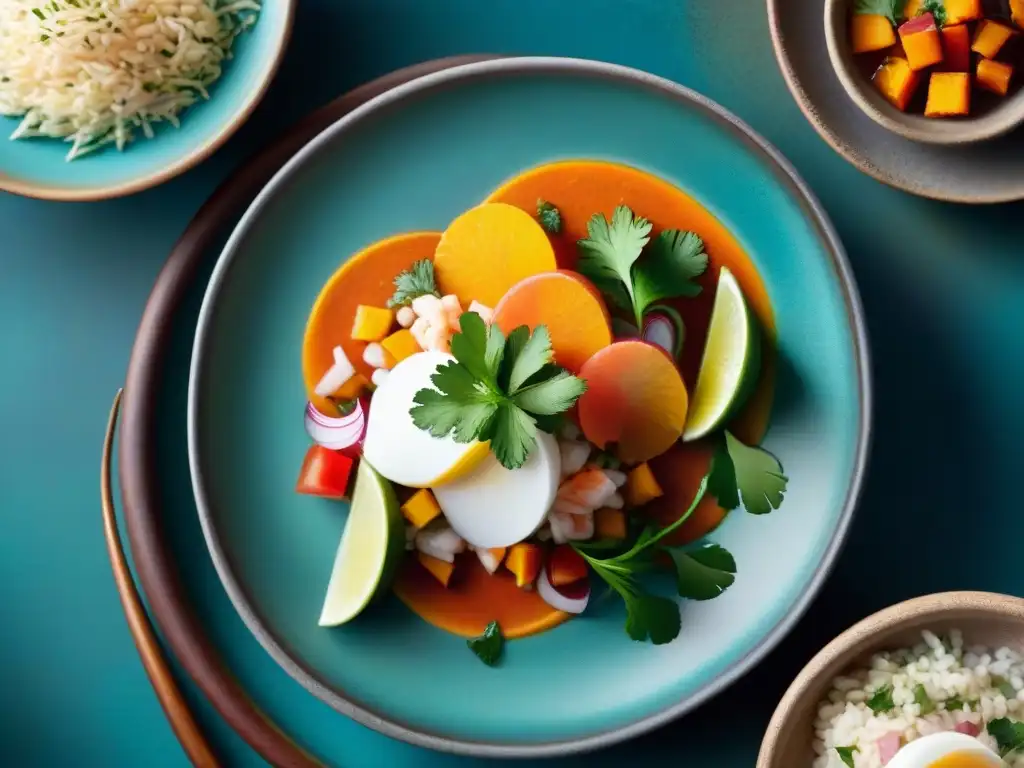 Fotografía gastronómica en Perú: Detalle de ceviche tradicional peruano con colores vibrantes y presentación artística