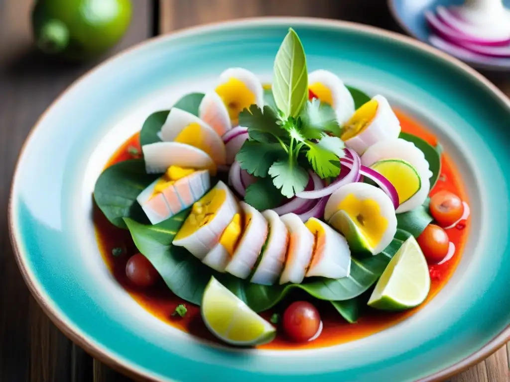 Fotografía gastronómica cocina peruana: Ceviche peruano artísticamente presentado en plato de cerámica vibrante