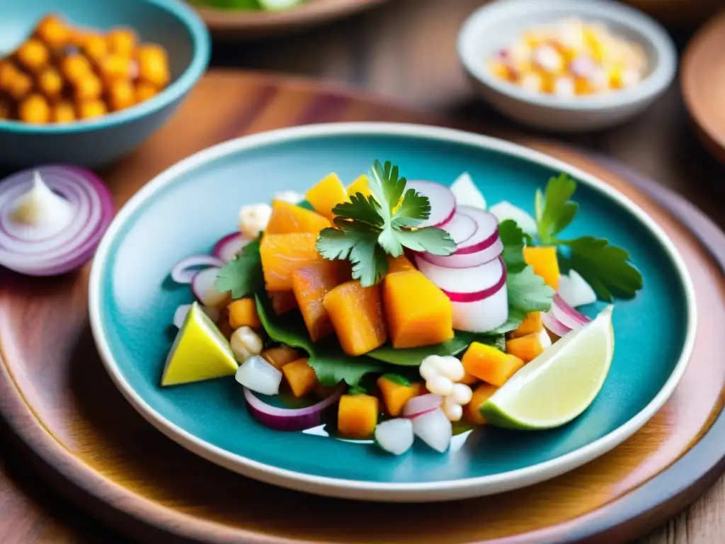 Fotografía gastronómica cocina peruana: Ceviche peruano tradicional con frescos ingredientes y colorida presentación