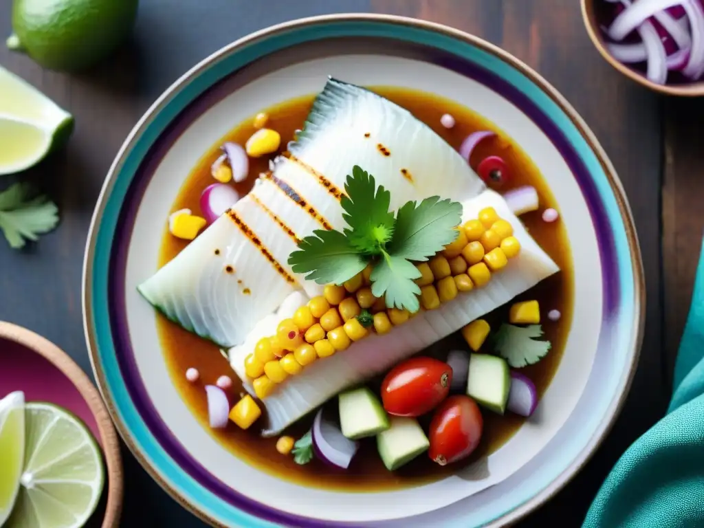 Fotografía gastronómica de cocina peruana: Ceviche tradicional peruano con pescado fresco, camote y maíz en plato de cerámica colorida