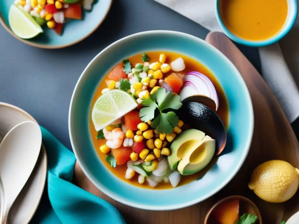 Una fotografía gastronómica de cocina peruana: ceviche tradicional con mariscos frescos, cítricos y aguacate, en un entorno auténtico y colorido