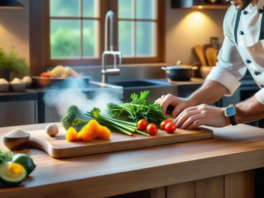 Fotografía gastronómica con composiciones equilibradas: Chef arregla ingredientes coloridos en tabla de madera rustica