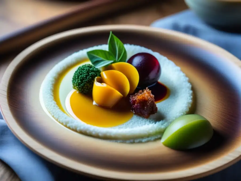 Fotografía gastronómica con composiciones equilibradas: plato gourmet vibrante y detallado sobre mesa de madera rústica