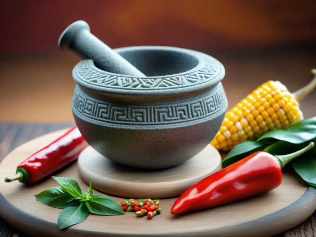 Una fotografía gastronómica de un molcajete tradicional peruano, resaltando su historia y textura