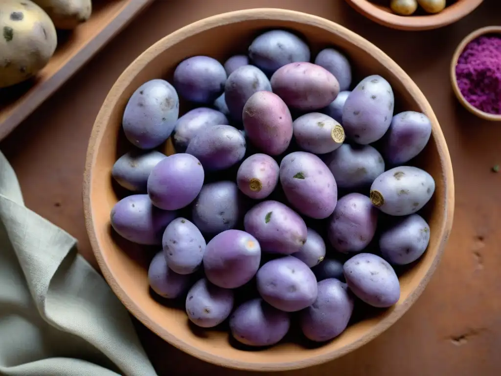 Fotografía gastronómica de Perú: papas moradas peruanas en un tazón de barro, iluminadas por el sol