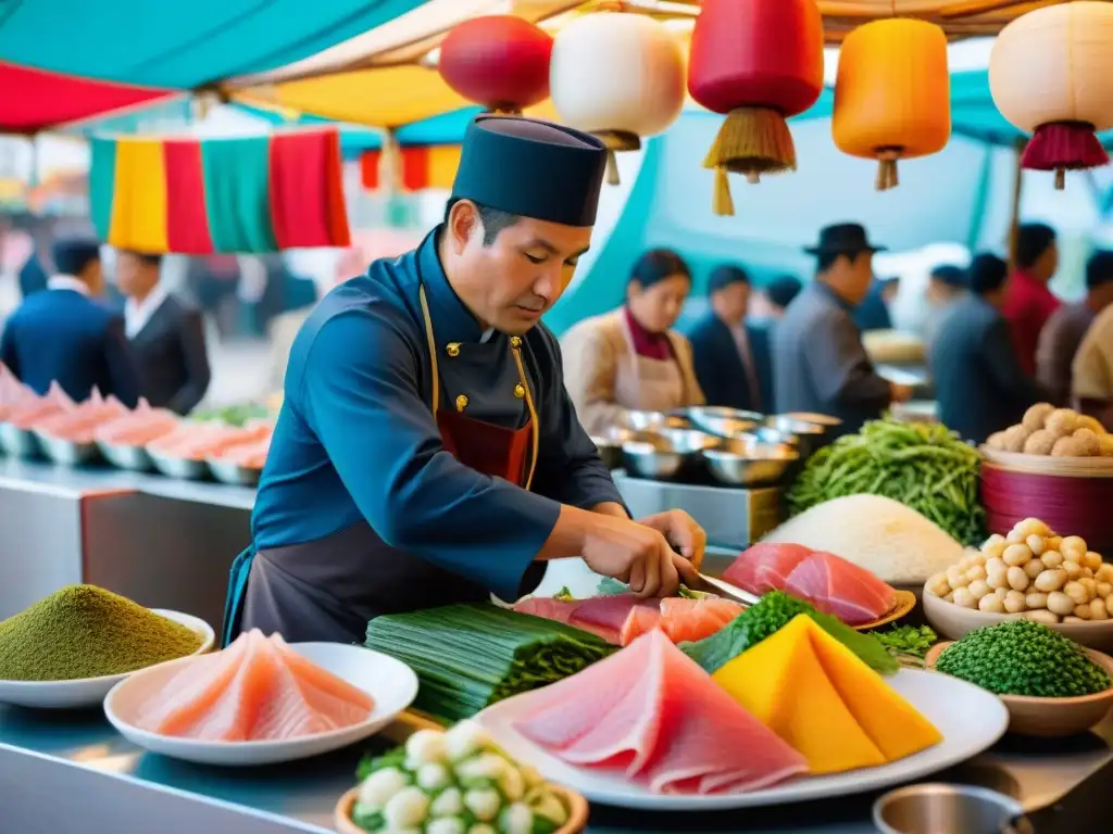 Fusión gastronómica peruano-japonesa innovadora en un mercado bullicioso de Lima, con chefs y clientes disfrutando de platos creativos