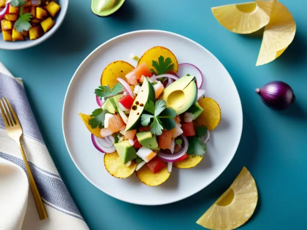 Presentación gastronómica potencia sabor: Ceviche peruano con pescado fresco, aguacate, cebolla y cilantro sobre chips de plátano