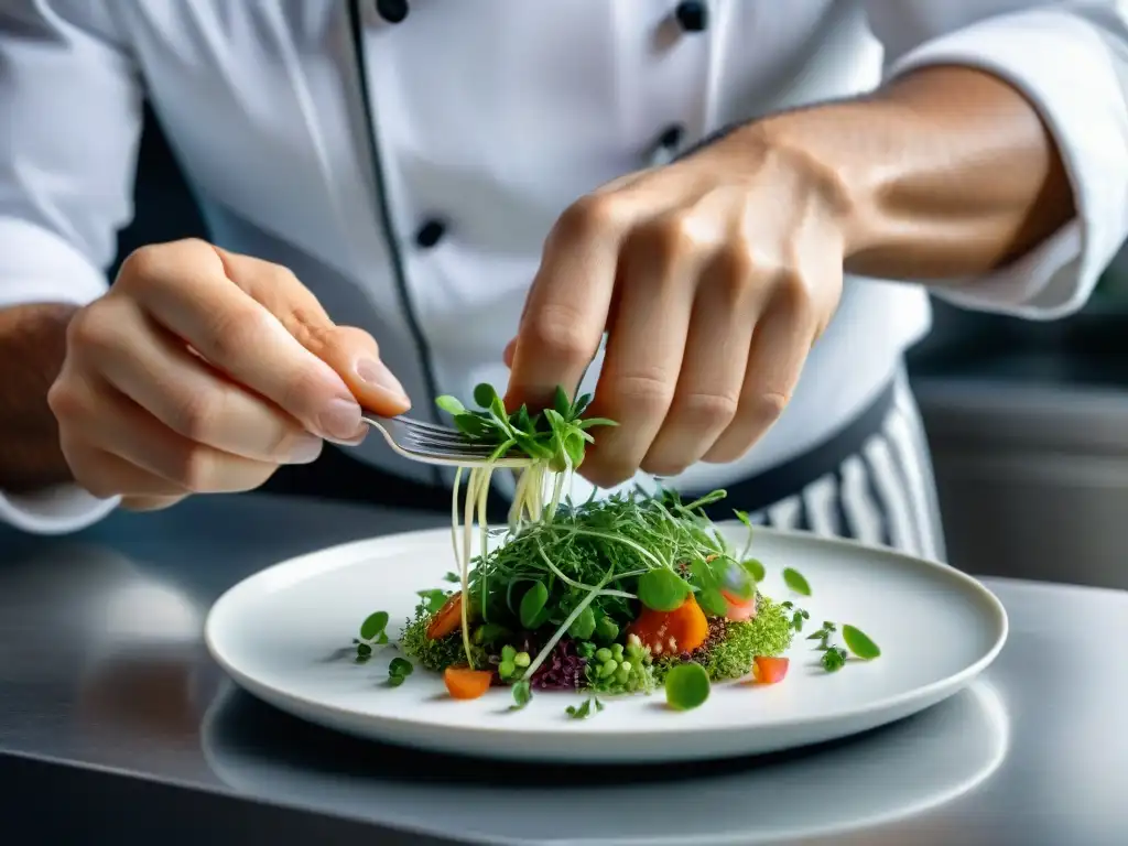 La presentación gastronómica potencia el sabor: chef experto decora plato con cuidado en cocina profesional