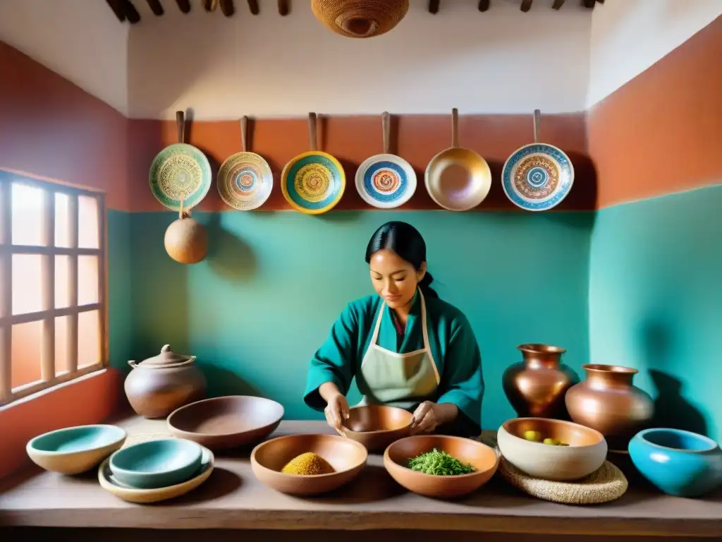 Fotografía gastronómica de utensilios tradicionales en una cocina peruana llena de color y tradición