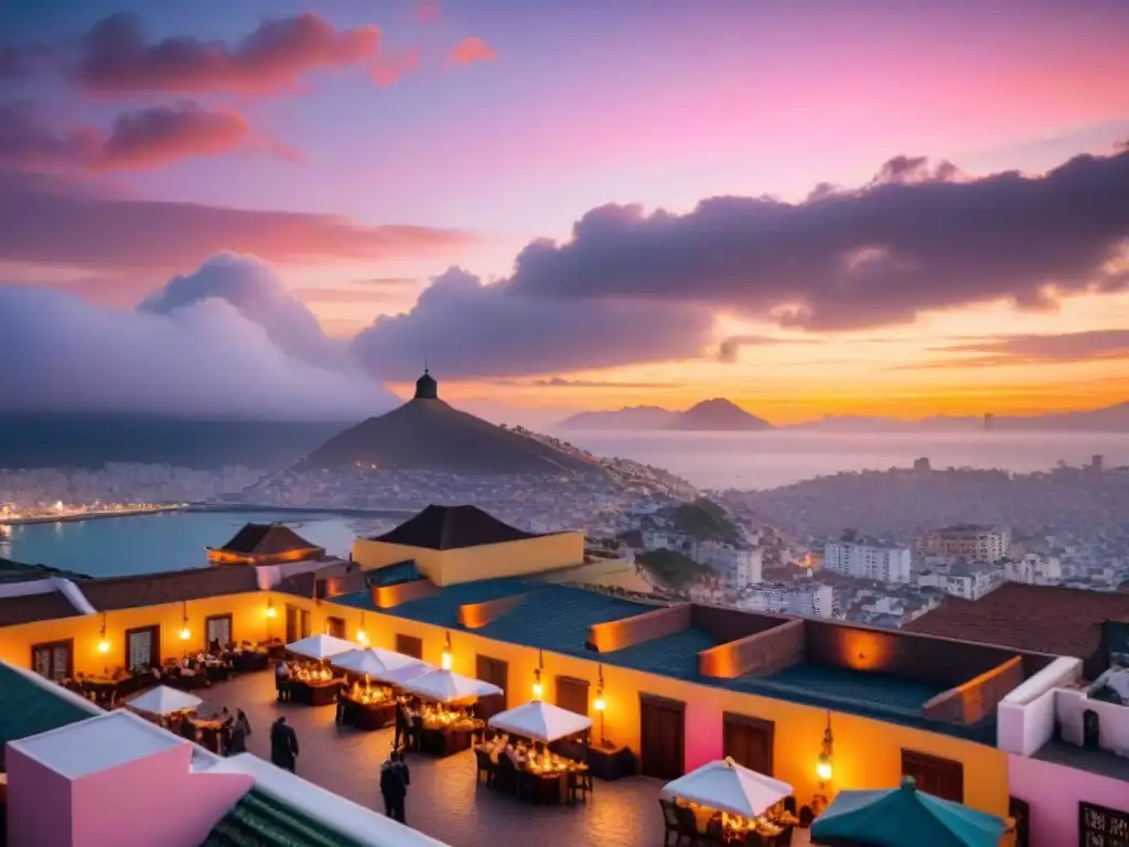 Rooftops gastronómicos en Lima iluminados por atardecer vibrante